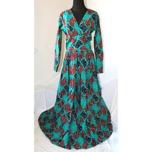 Handmade African multicolor Prairie Maxi dress M Tall Long sleeve zip up Tribal